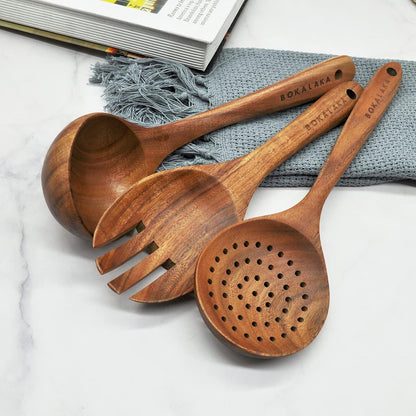 GreyWooden Kitchen Utensil Set, 6Pcs Wooden Cooking Utensils for Non-Stick Pan, 100% Natural Teak