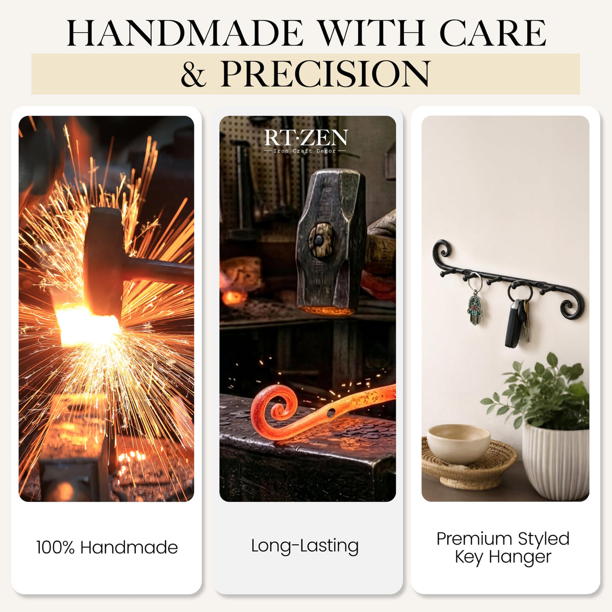 RTZEN Farmhouse Small Key Holder for Wall, Wrought Iron Wall Mount Rack