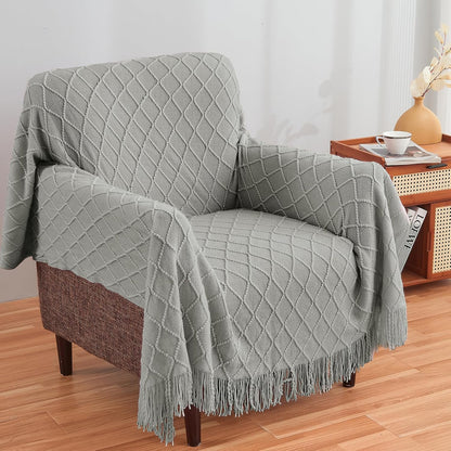 inhand Knitted Throw Blankets for Couch and Bed, Soft Cozy Knit Blanket with Tassel, Light Grey