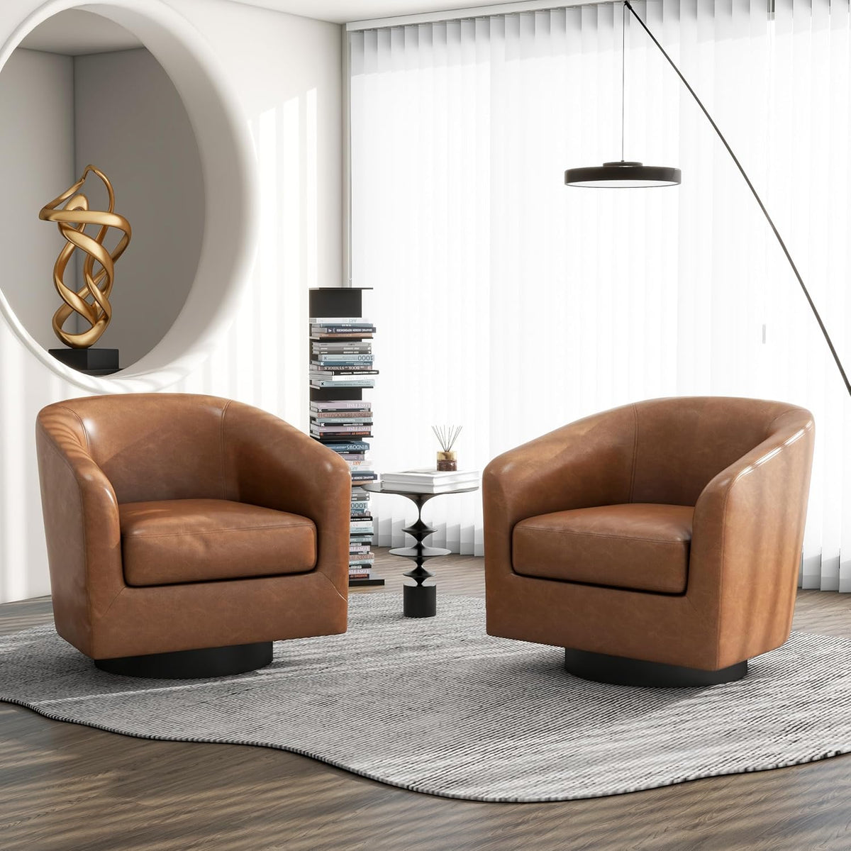 Swivel Barrel Accent Chair, Modern Round Faux Leather Arm Chair for Living Room, Bedroom, Comfy