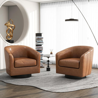 Swivel Barrel Accent Chair, Modern Round Faux Leather Arm Chair for Living Room, Bedroom, Comfy