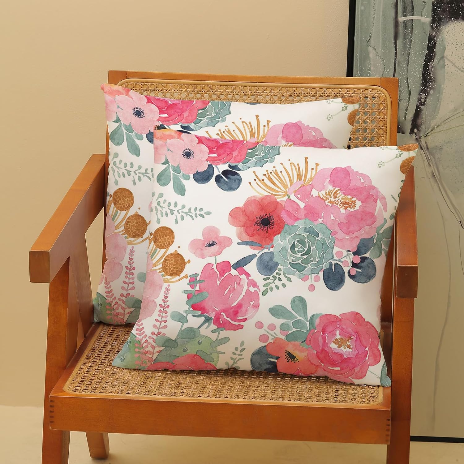 CXMEIFLY Spring Floral Pillow Covers 16 x 16 Inch Set of 2 for Watercolor Pink Flowers Decor Throw