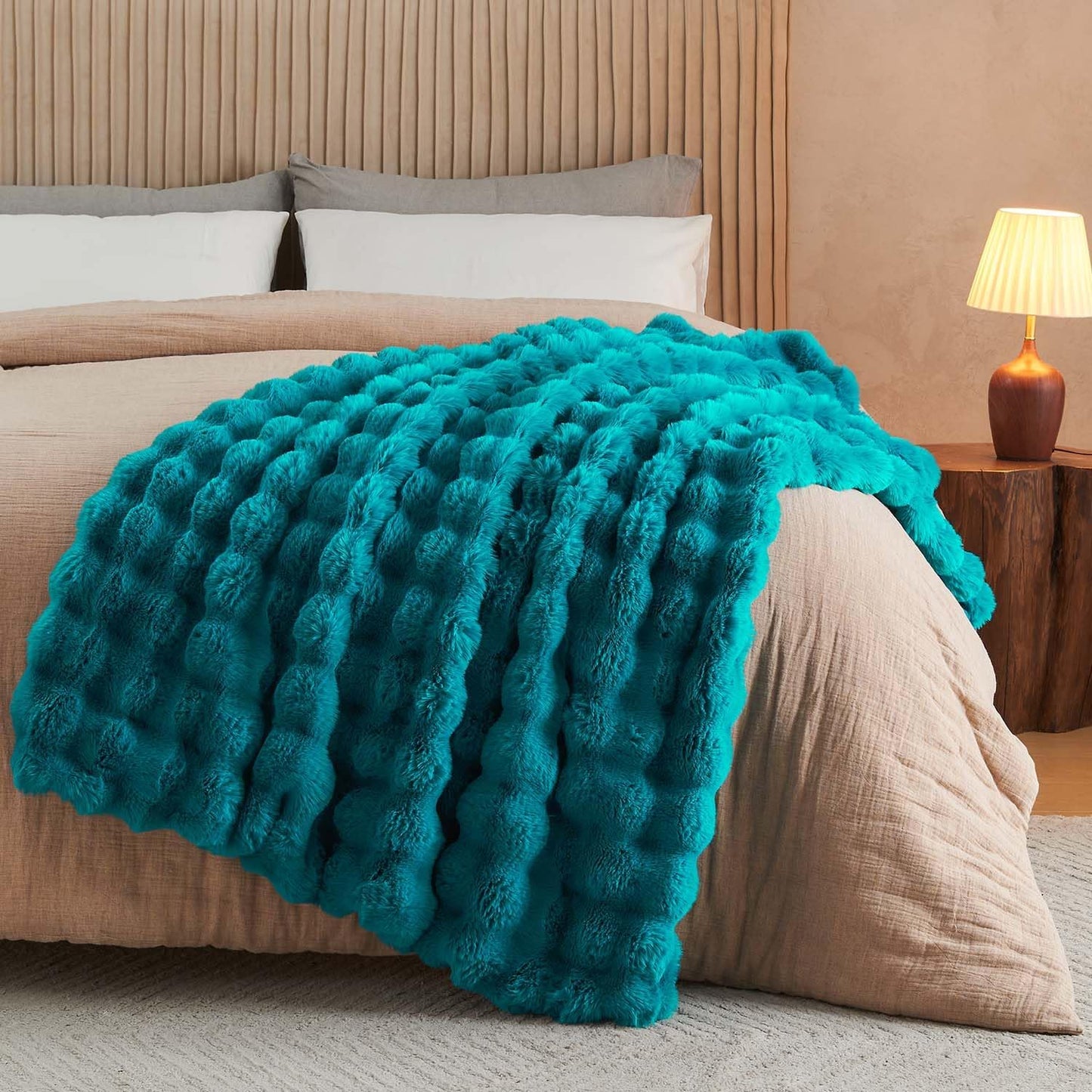 Lotus Karen Faux Fur Throw Blanket Teal - Big Bubble Rabbit Fluff Blanket for Couch Bed