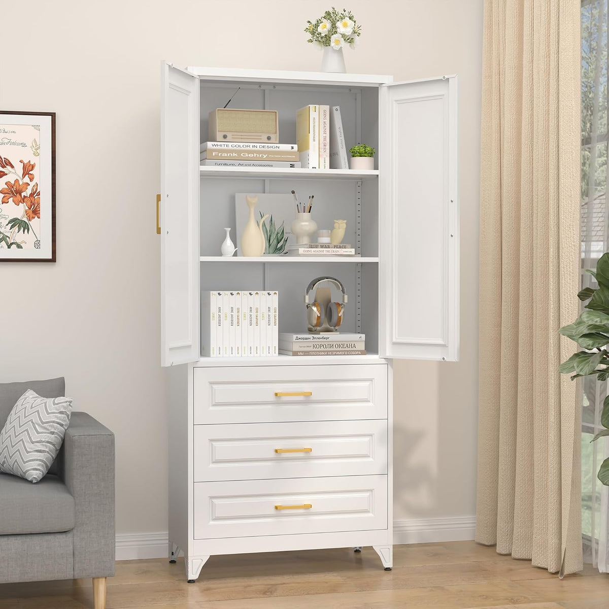 75" Kitchen Pantry Cabinet with 3 Drawer,Metal Storage Cabinets with Doors and 4 Adjustable