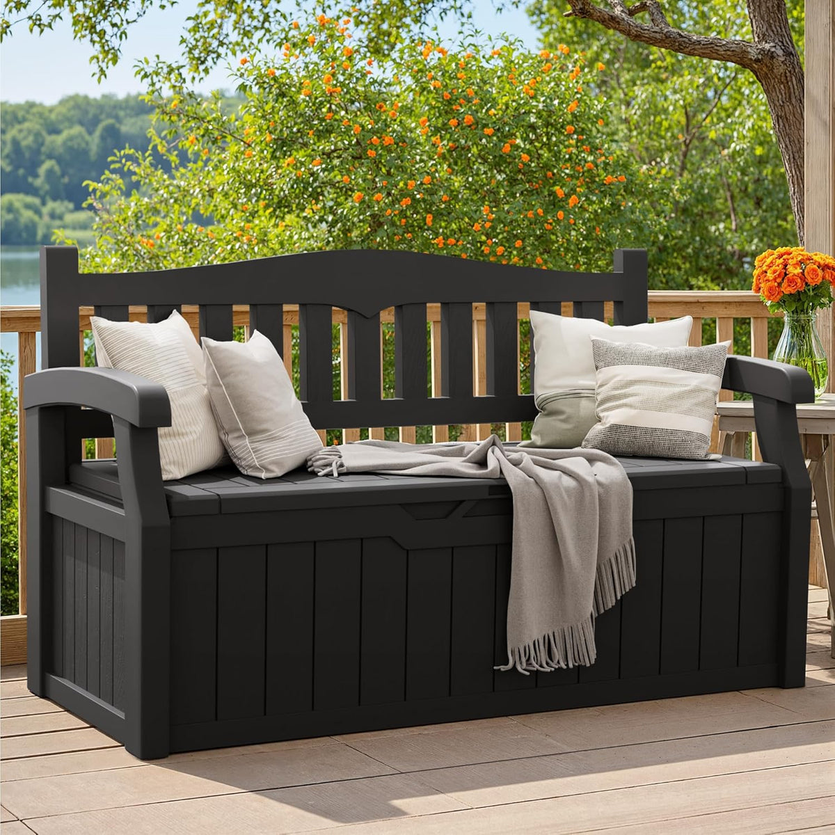 Greesum 80 Gallon Storage Bench Outdoor Deck Box with Armrest, Patio Furniture,Lockable, Waterproof