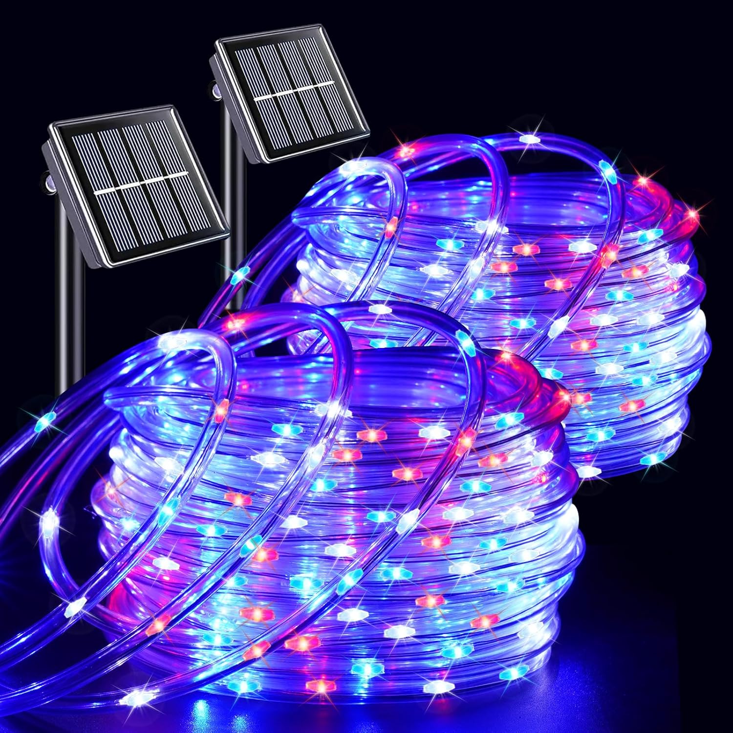 YEGUO 4th of July Decorations Red White and Blue Lights, 2 Packs Each 33ft 100 LED Solar Rope Light