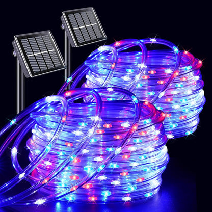 YEGUO 4th of July Decorations Red White and Blue Lights, 2 Packs Each 33ft 100 LED Solar Rope Light