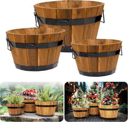 Idzo Set of 3 Wooden Flower Boxes Outdoor, Durable Acacia Wood Barrel Planters for Outdoor Plants