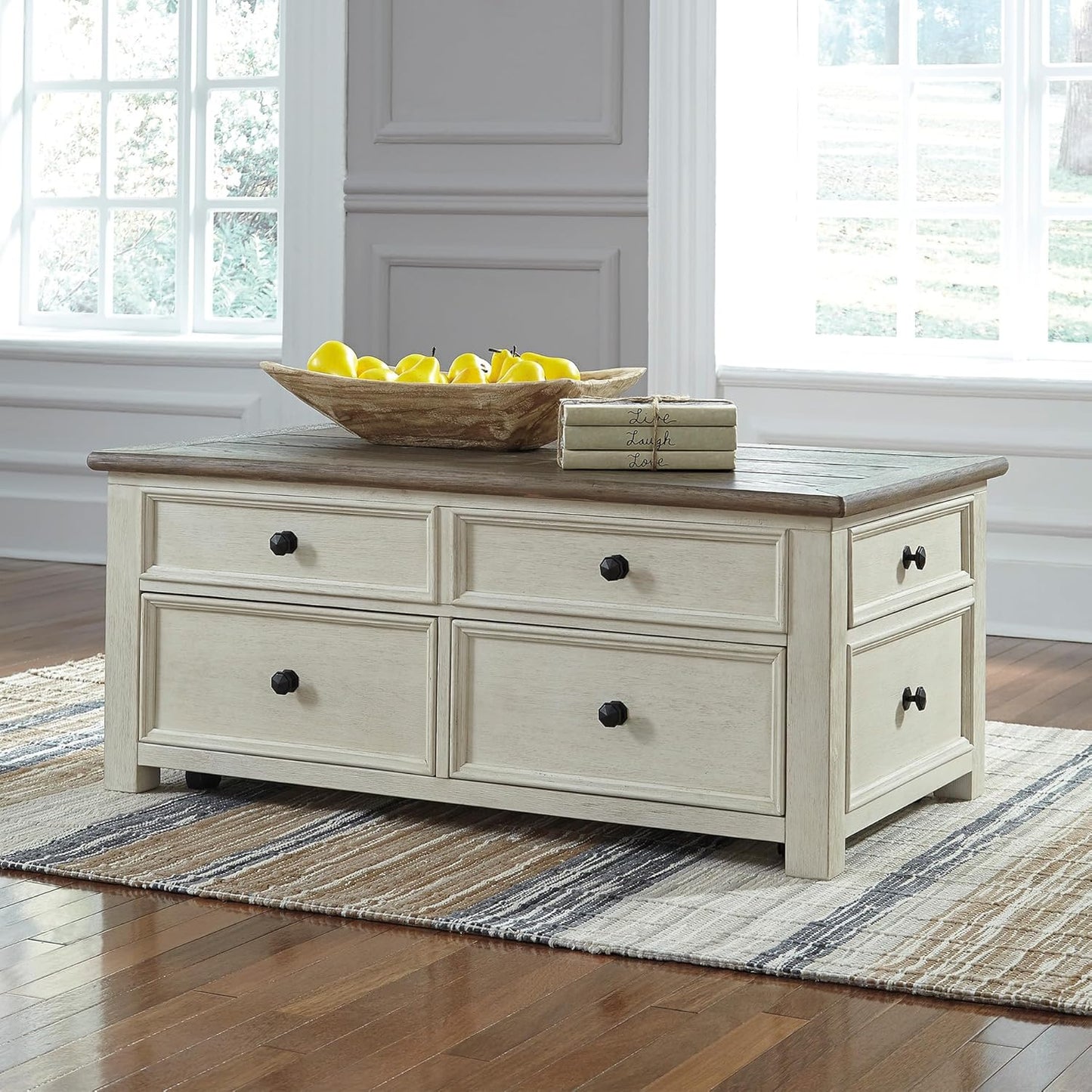 Signature Design by Ashley Bolanburg Farmhouse Lift Top Coffee Table with Drawers, Antique Cream &