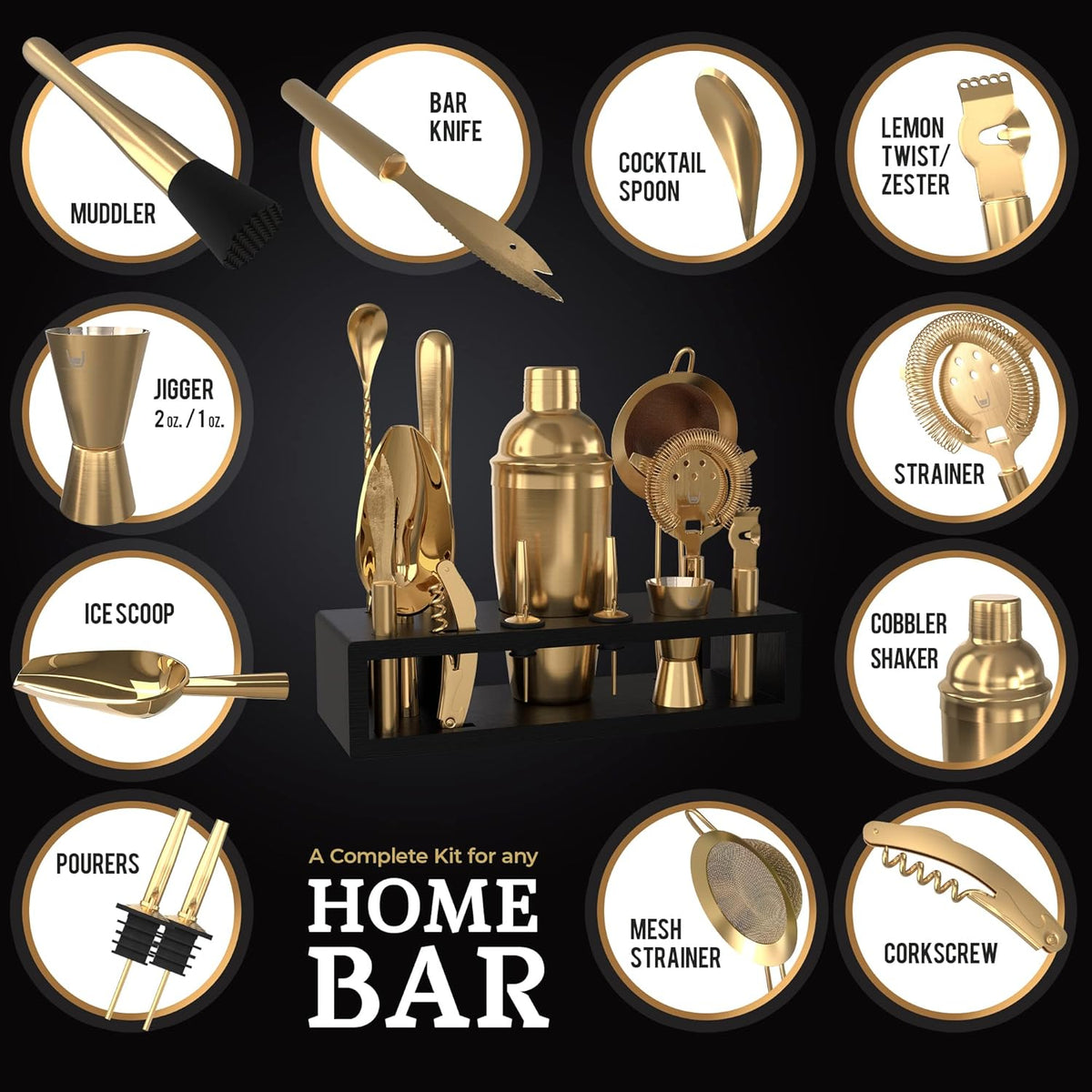 Highball & Chaser Bartender Kit with Espresso Bamboo Stand. Beautiful Cobbler Cocktail Shaker Set