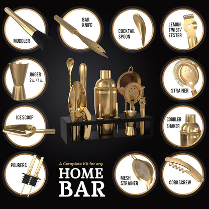 Highball & Chaser Bartender Kit with Espresso Bamboo Stand. Beautiful Cobbler Cocktail Shaker Set