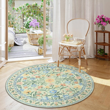 Wonnitar Washable Floral Round Rug, 6ft Sage Green Round Area Rugs for Bedroom Nursery, Boho