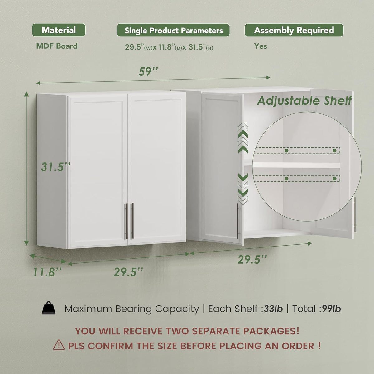 FIMELLO 60" Laundry Room Wall Cabinets with Adjustable Shelf, Large Wall Storage Cabinet, White