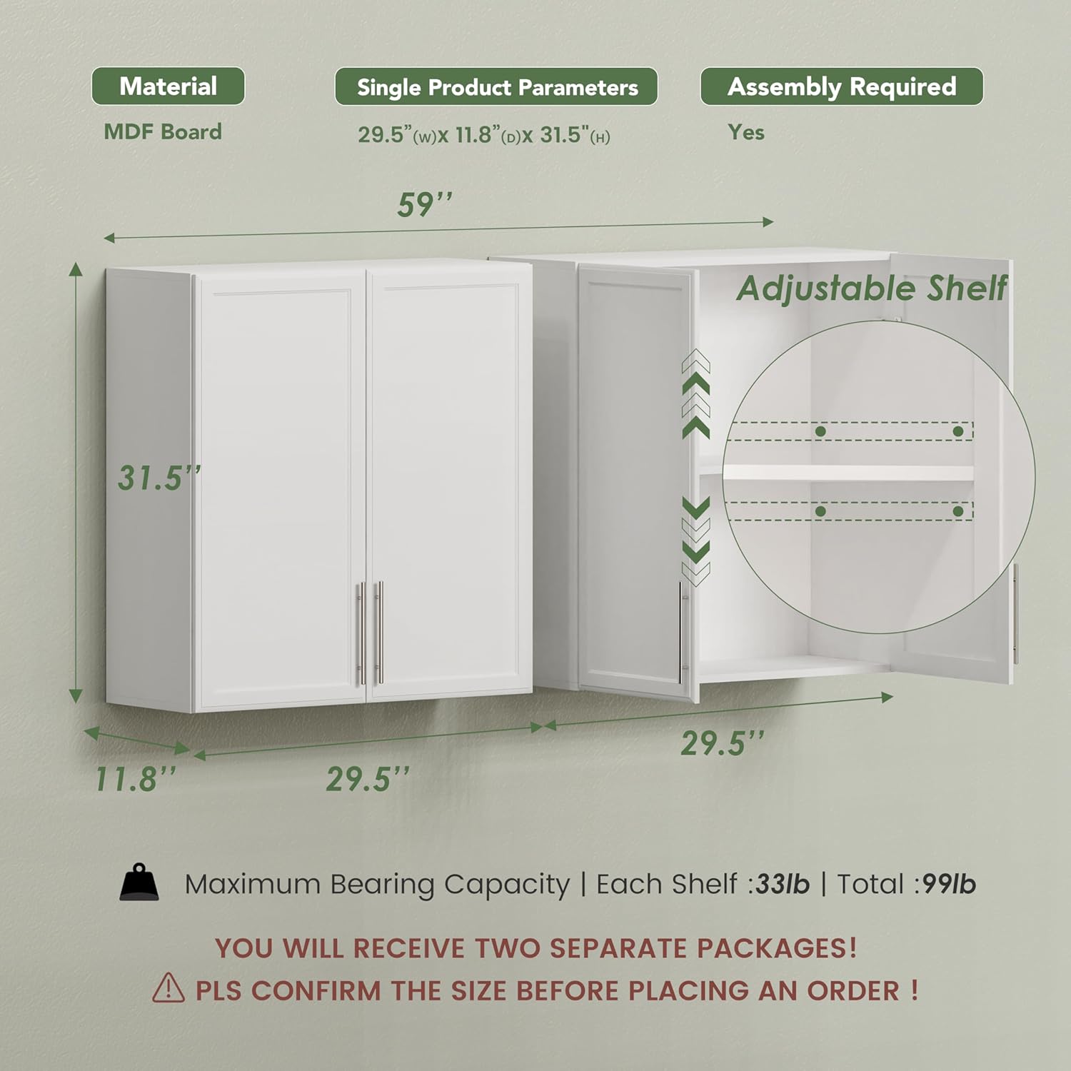 FIMELLO 60" Laundry Room Wall Cabinets with Adjustable Shelf, Large Wall Storage Cabinet, White