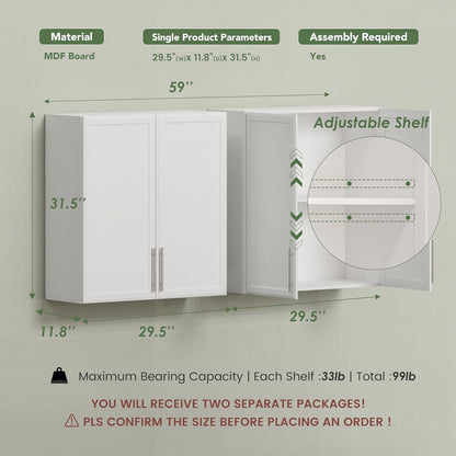 FIMELLO 60" Laundry Room Wall Cabinets with Adjustable Shelf, Large Wall Storage Cabinet, White