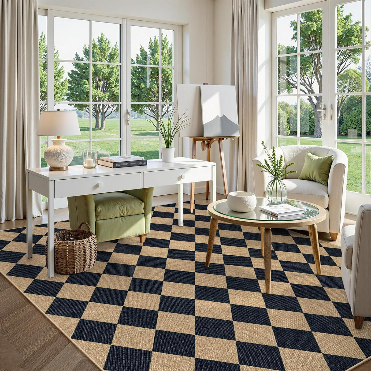 Lahome Checkered Easy Jute Area Rug 8x10, Large Living Room Patio Rug Checkerboard Indoor Outdoor