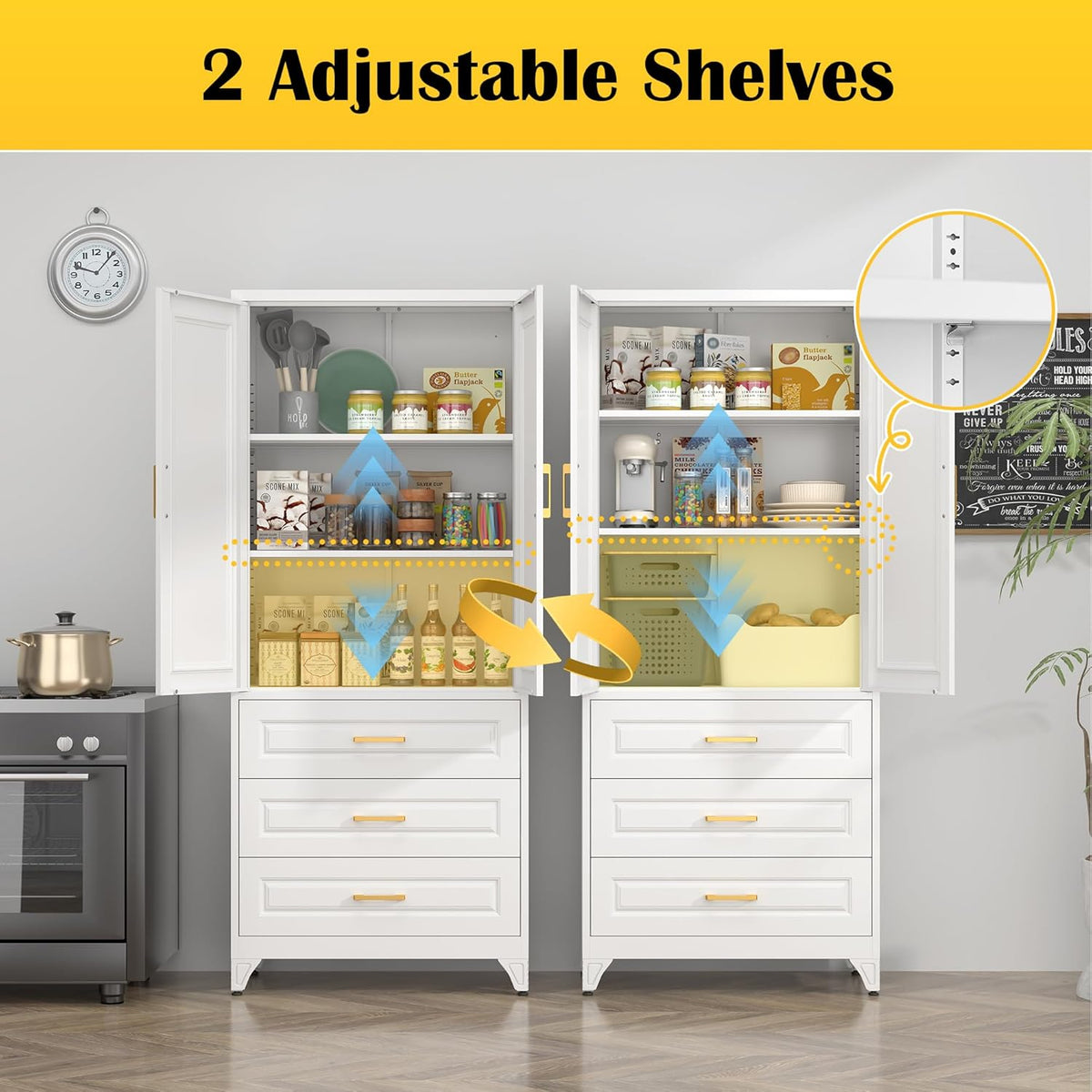 75" Kitchen Pantry Cabinet with 3 Drawer,Metal Storage Cabinets with Doors and 4 Adjustable