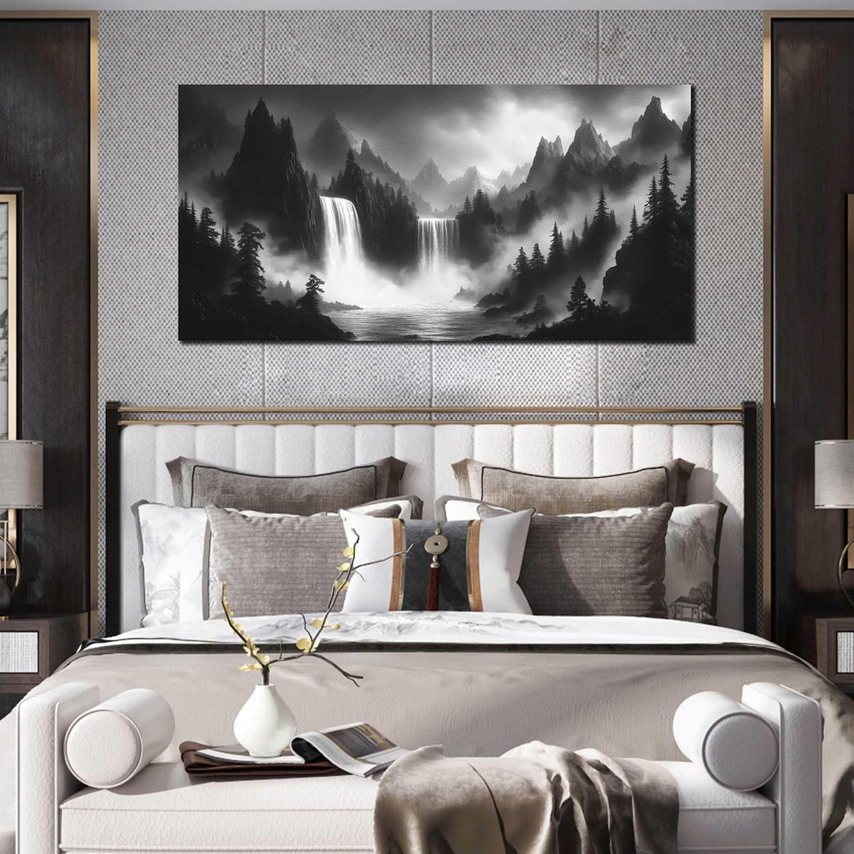 HUBOSKN Waterfall Pictures Wall Decor for Living Room - Mountain Wall Art for Office - Black and
