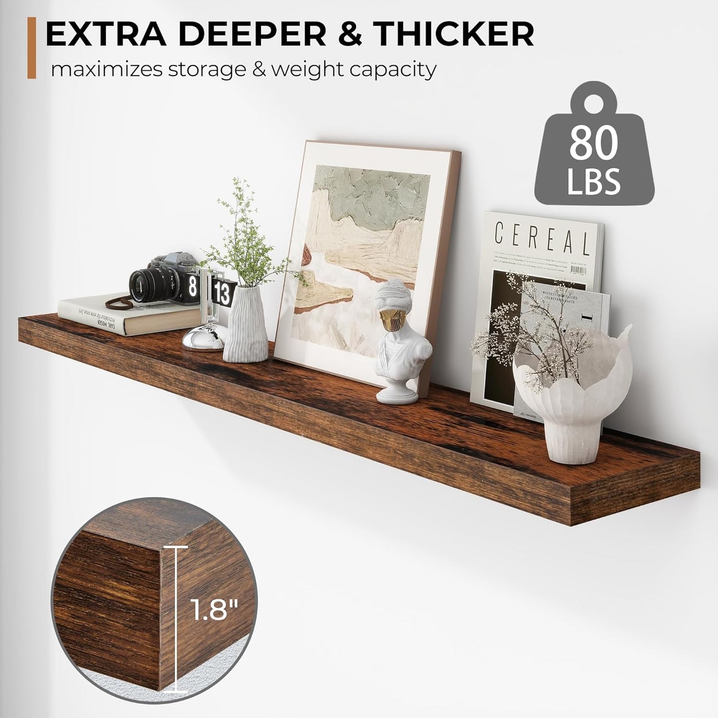 Fun Memories 55 Inch Floating Shelves - 9 Inch Deep Rustic Wooden Wall Shelves - Extra Deeper &