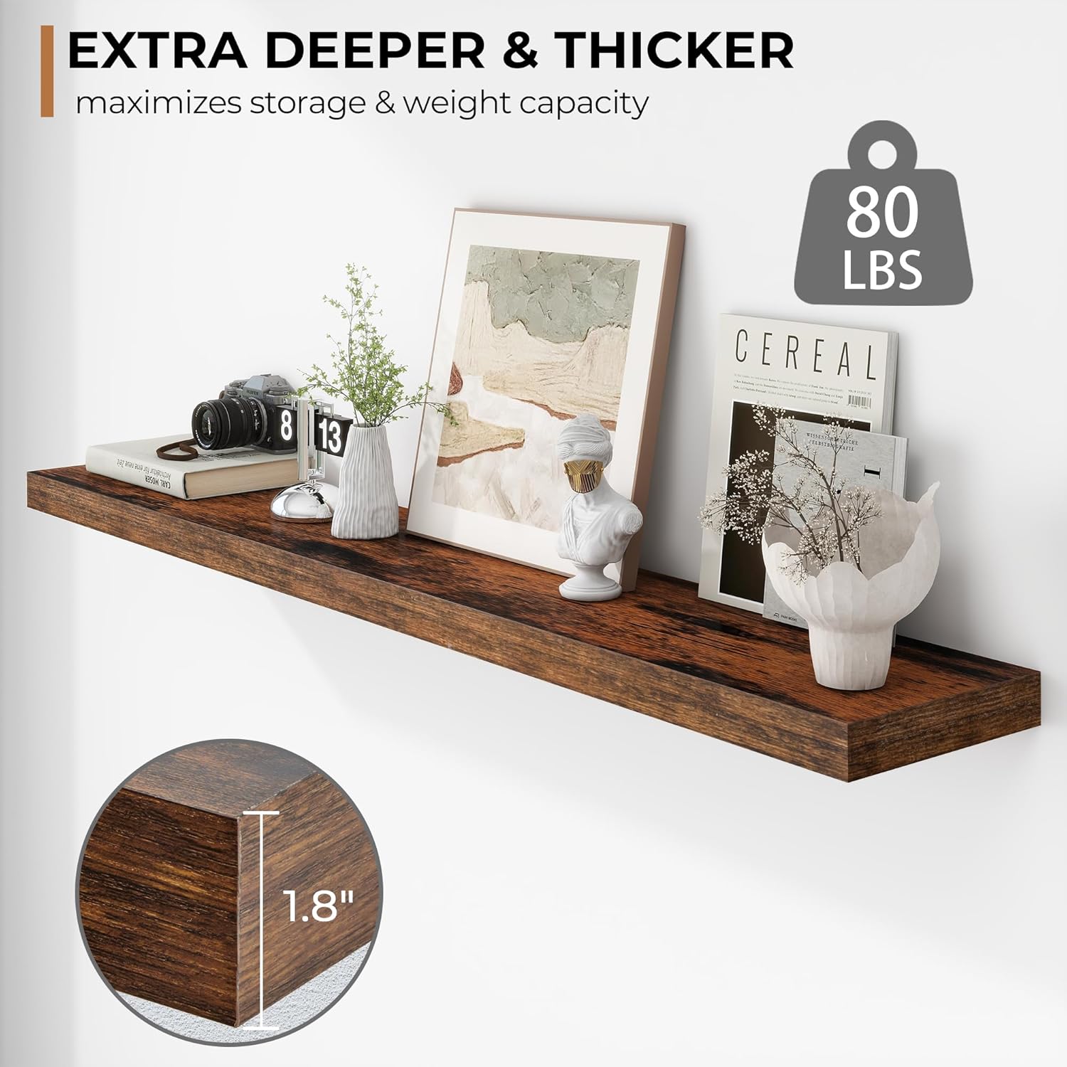 Fun Memories 55 Inch Floating Shelves - 9 Inch Deep Rustic Wooden Wall Shelves - Extra Deeper &