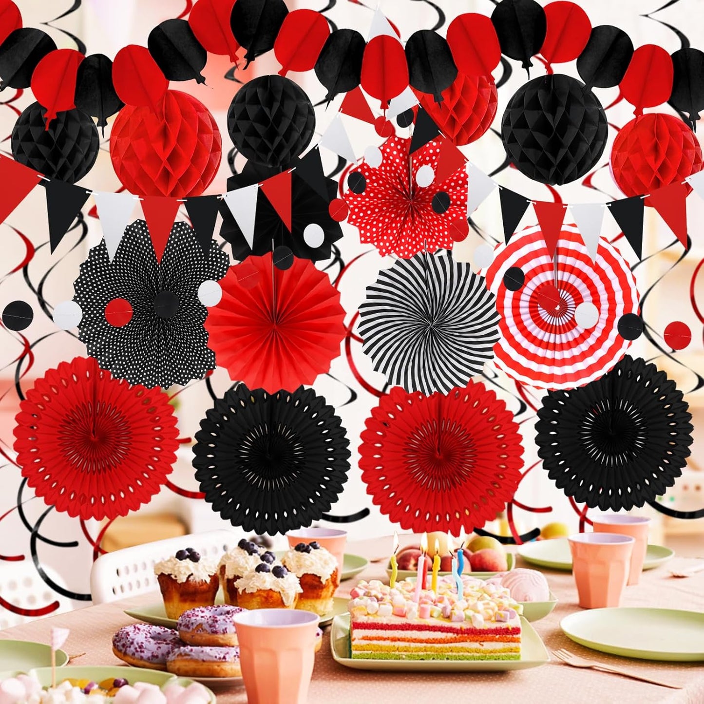 Black Red Party Decorations, Easy Assembly Paper Fan Honeycomb Ball Garland Hanging Swirl