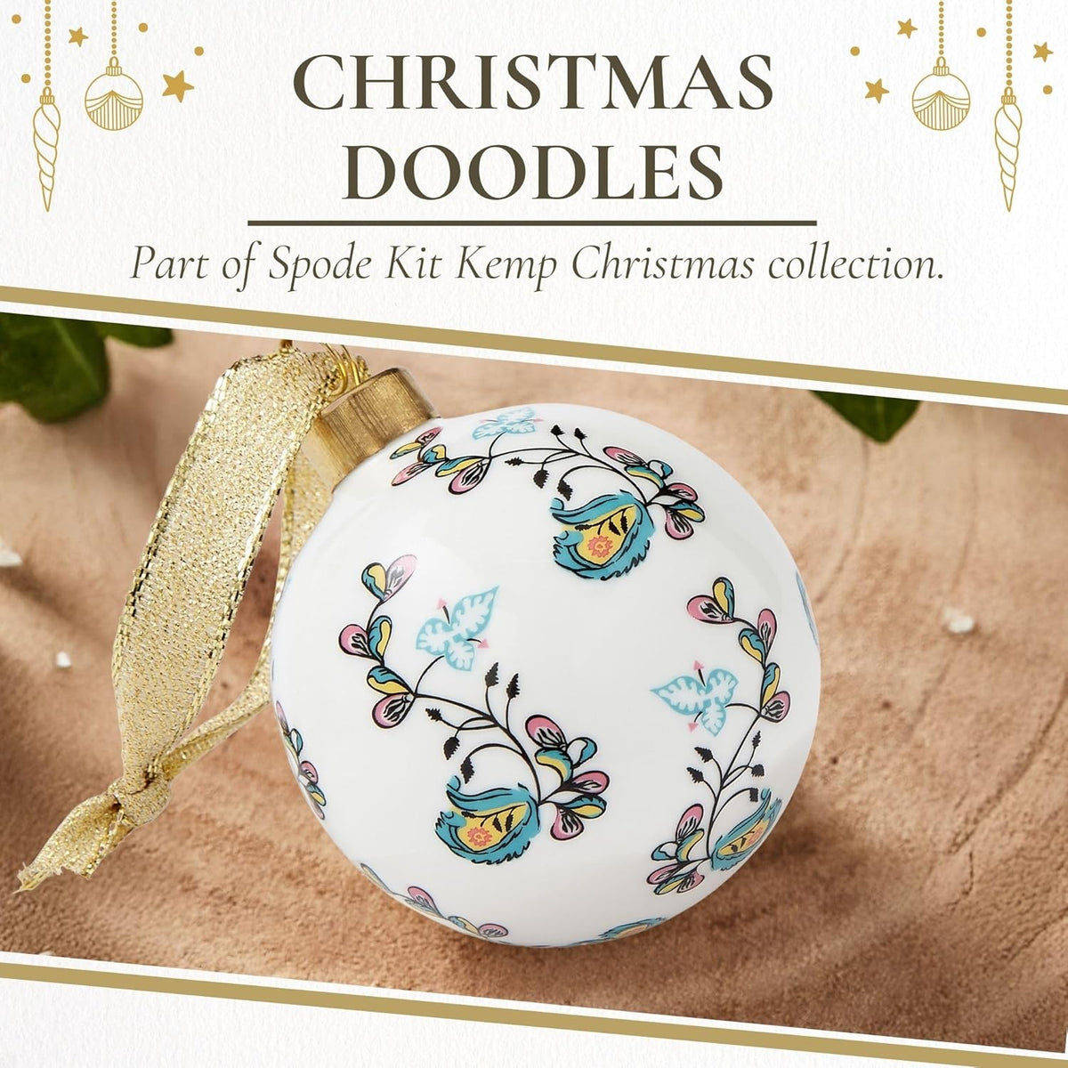 Spode Kit Kemp Psycho Sprig Yellow Bauble Christmas Bauble - Handcrafted Porcelain Festive