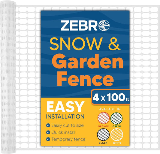 ZEBRO 4' x 100' White Plastic Garden Fence Roll – Light Duty Mesh Fencing for Temporary Fence