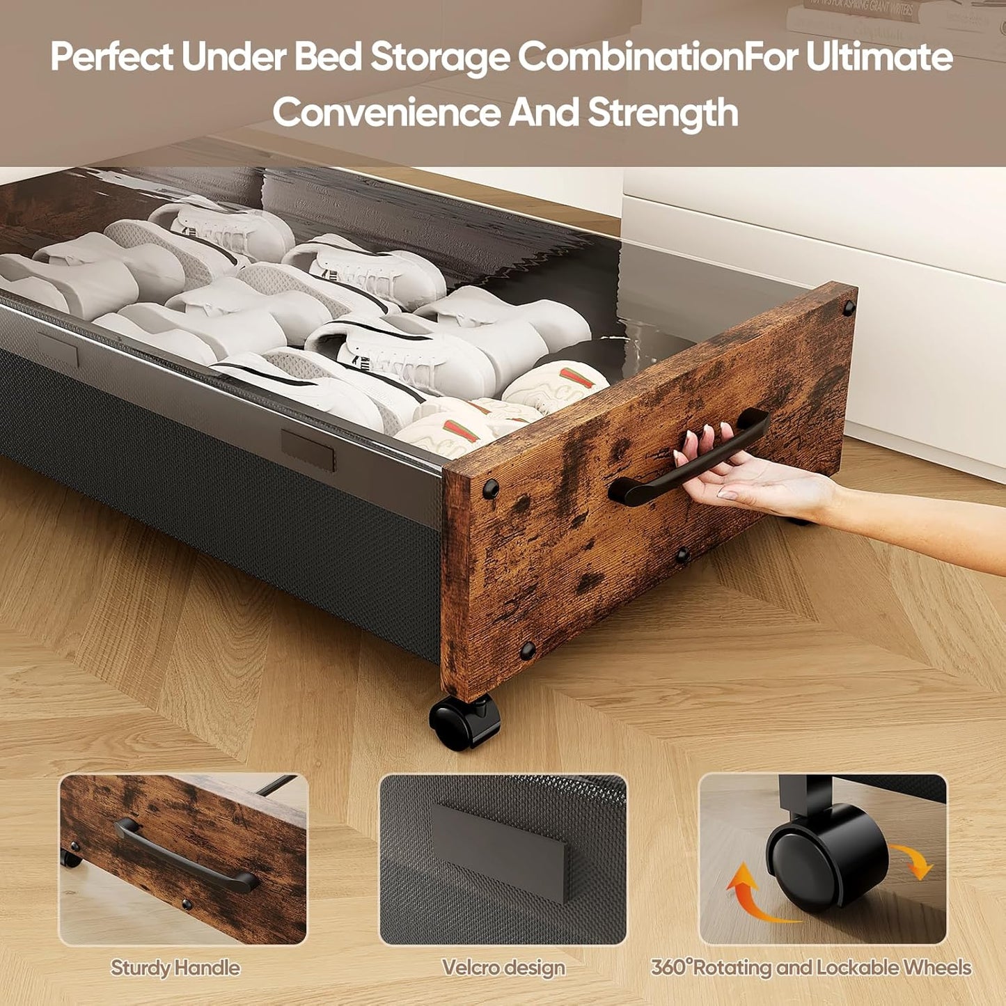 Wooden Under Bed Storage with Wheels, Rolling Under the Bed Storage Bins with Removable Lid, Metal
