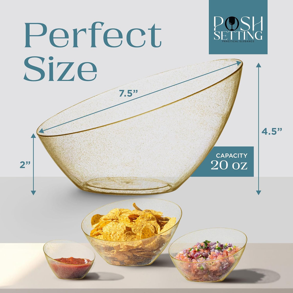 Posh Setting Gold Plastic Serving Bowls - Angled, Disposable for Chips, Candy, Salad, Fruit