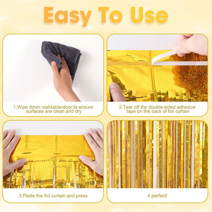 3 Pack 3.3 x 8.2 ft Laser Gold Foil Fringe Backdrop Curtains, Tinsel Streamers Birthday Party