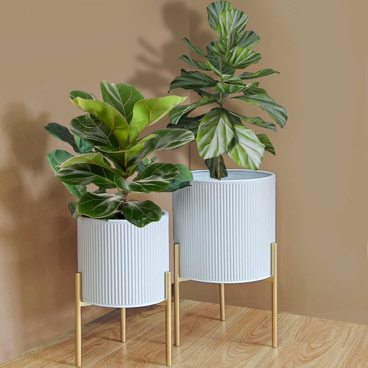 ARNIS Modern Plant Pots, Set of 2 Round Large Planters with Stand, Large Size Metal Pots with
