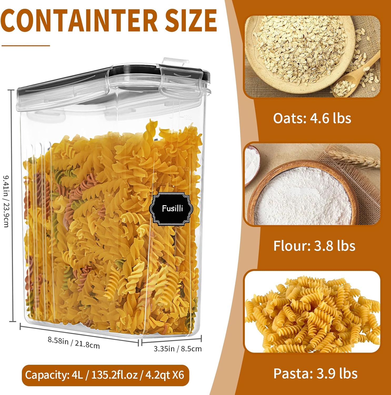 Cereal Containers Storage Set (4L / 135.2oz), 6PCS Airtight Food Storage Containers with Lids