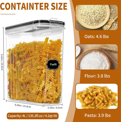 Cereal Containers Storage Set (4L / 135.2oz), 6PCS Airtight Food Storage Containers with Lids