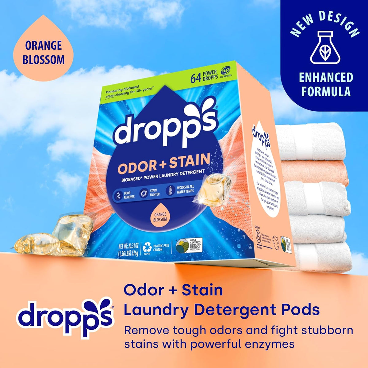 Dropps Odor & Stain Biobased Power Laundry Detergent Pods, Orange Blossom (64 Pods) - HE Compatible