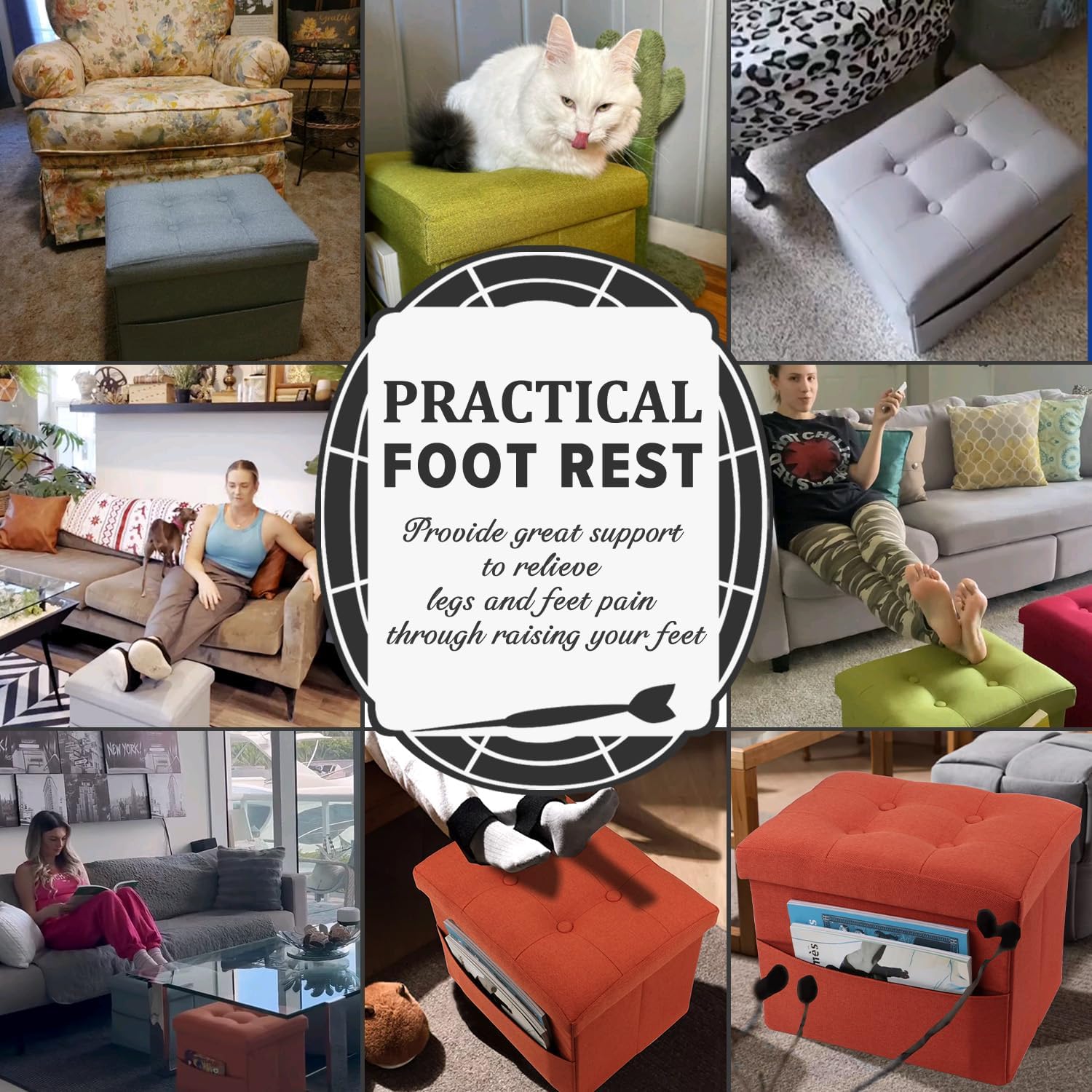 LINMAGCO Storage Ottoman Folding Foot Stool Foot Rest with Side Pocket Modern Ottoman with Storage