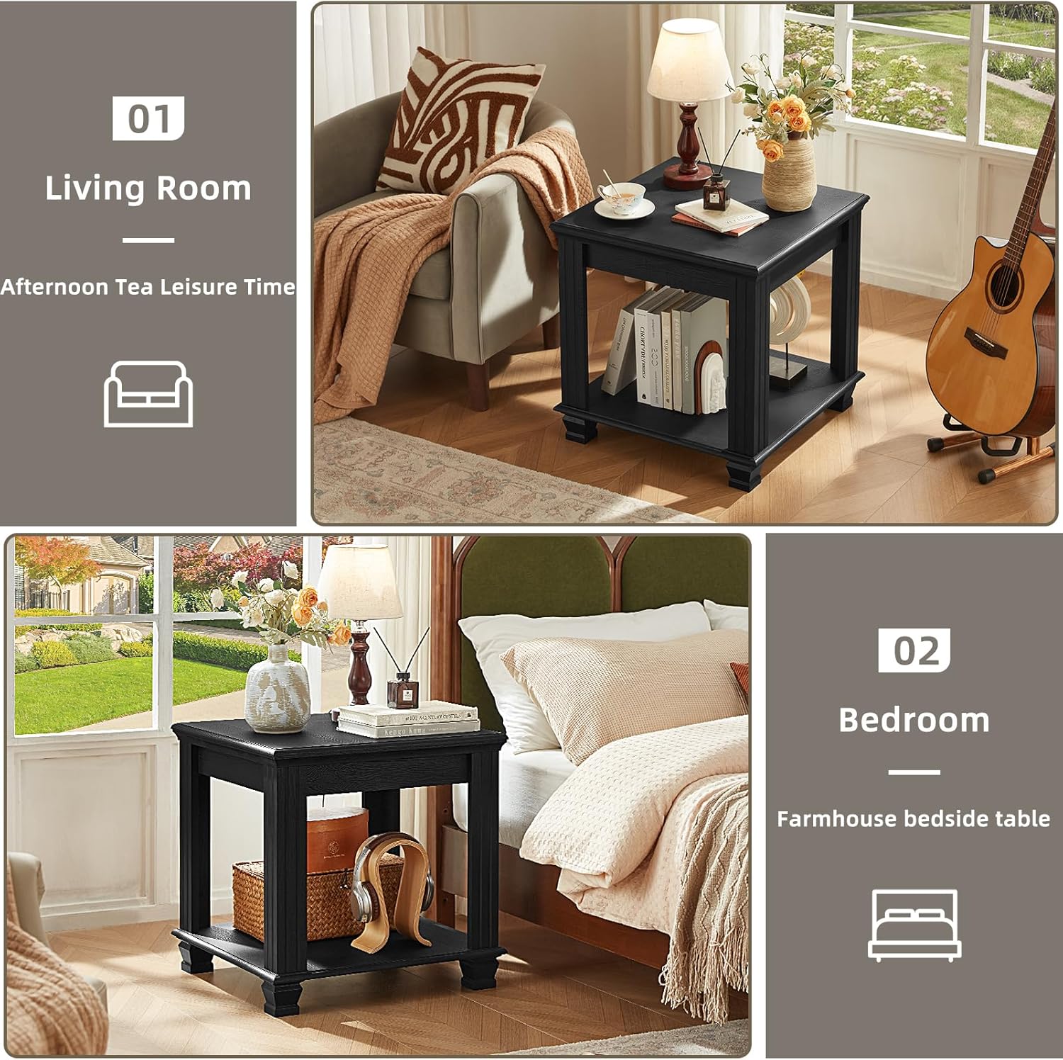 Farmhouse End Table,Large Side Table with 2-Tier Storage Shelf,Rustic Wood End Tables for Living