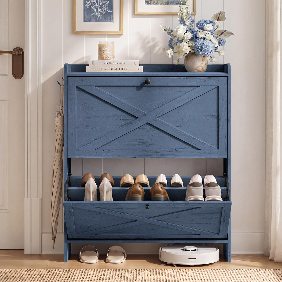 VASAGLE Shoe Storage Cabinet Organizer with 2 Flip Drawers, Freestanding Narrow Shoe Rack Cabinet