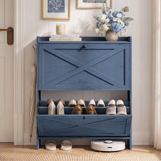 VASAGLE Shoe Storage Cabinet Organizer with 2 Flip Drawers, Freestanding Narrow Shoe Rack Cabinet