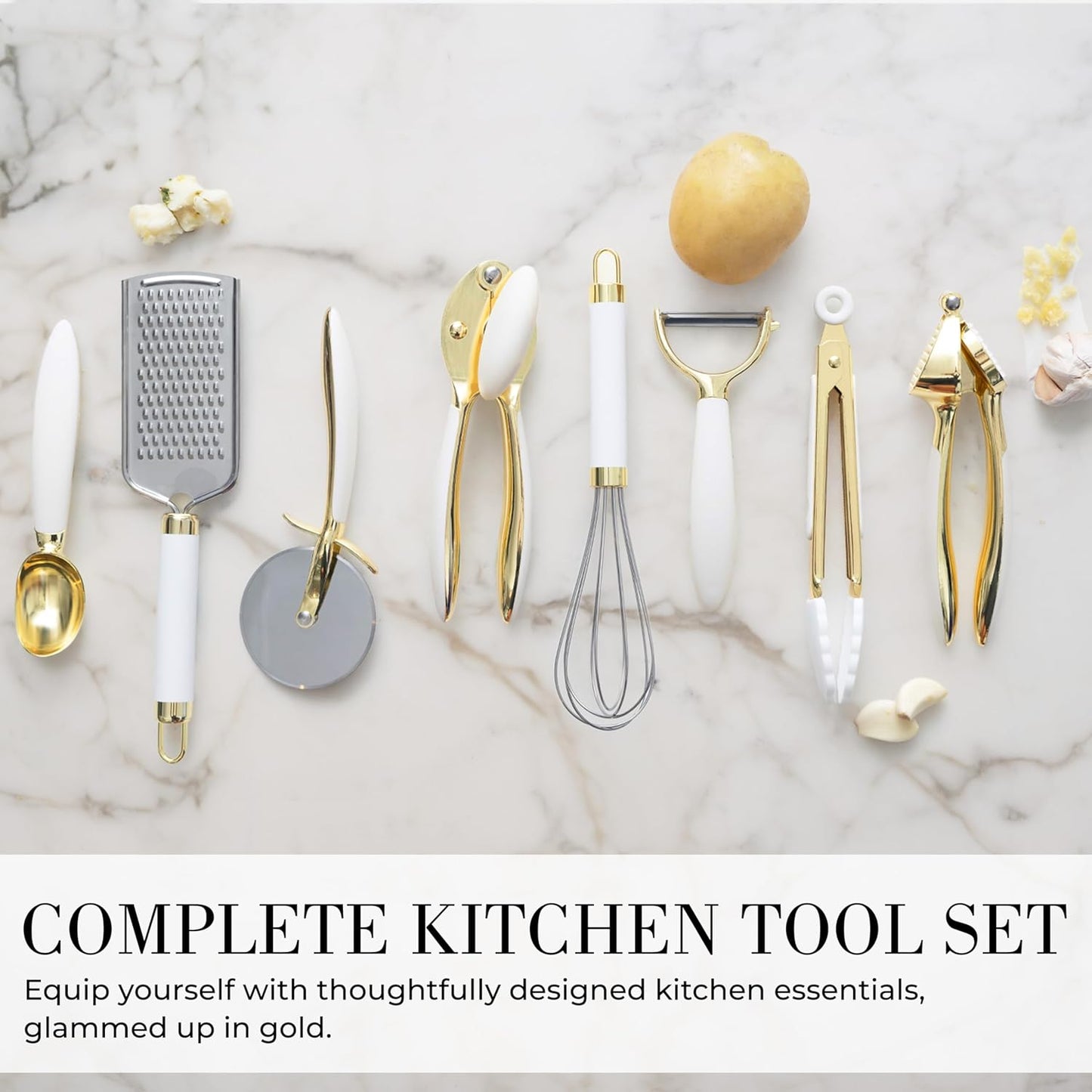 White & Gold Cooking Utensils Set - Luxe 8-Piece Kitchen Gadget Set Includes Can Opener, Tongs and