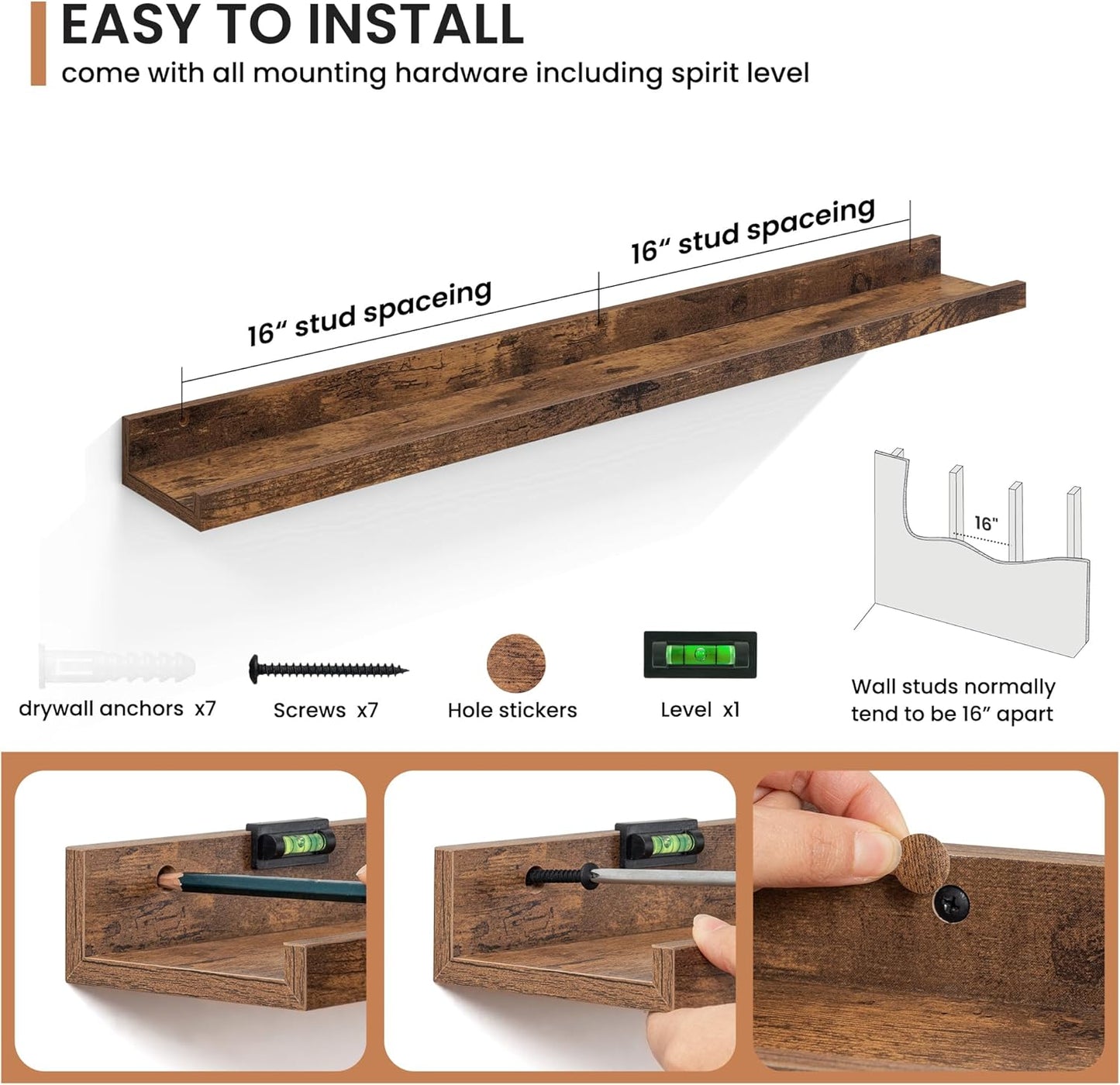 Fun Memories Picture Ledge Shelves Set of 2, 36 Inch Rustic Wall Mounted Floating Shelves with Lip