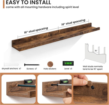 Fun Memories Picture Ledge Shelves Set of 2, 36 Inch Rustic Wall Mounted Floating Shelves with Lip