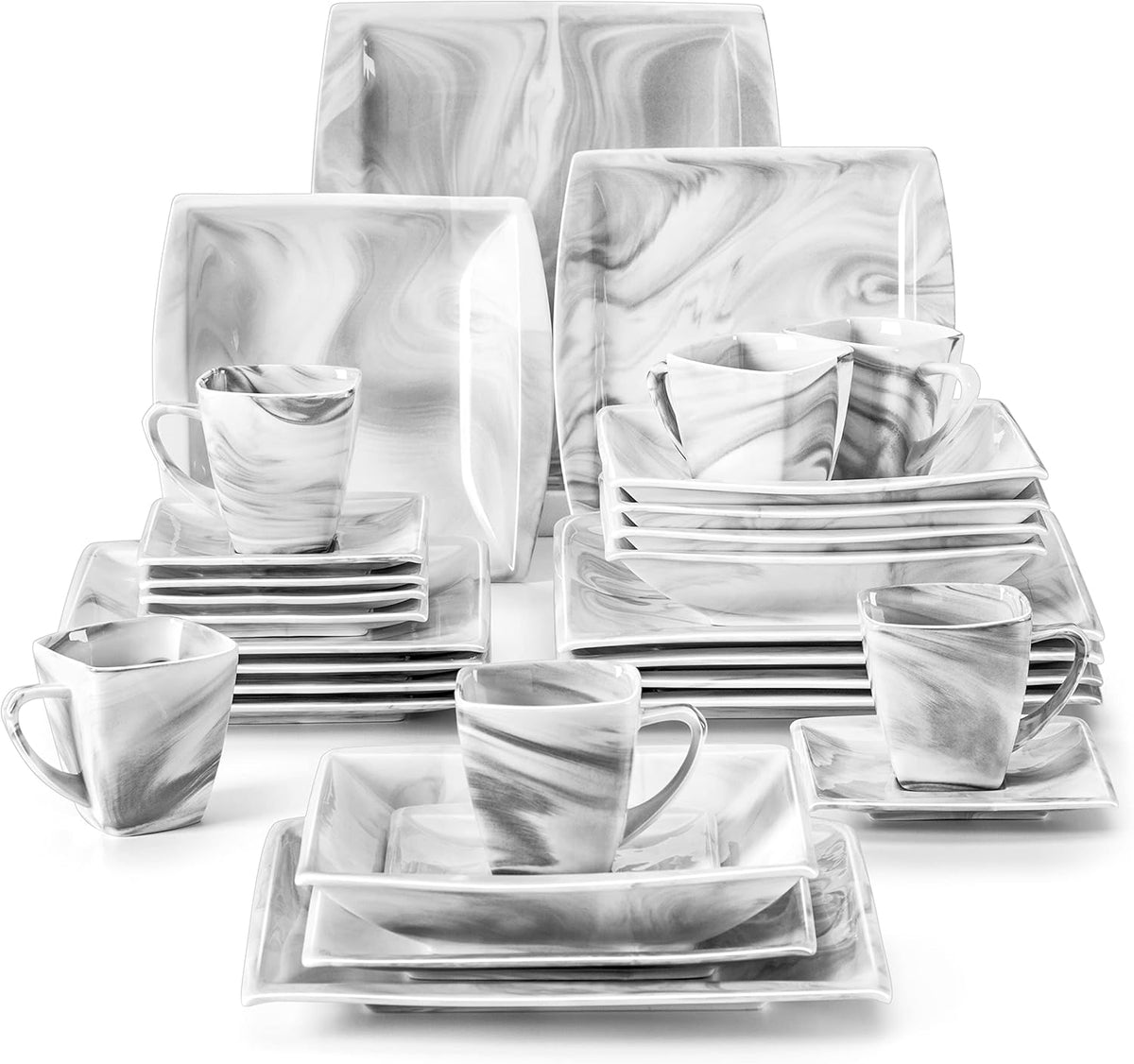 MALACASA Dinnerware Sets, 30 Piece Porcelain Plates and Bowls Sets for 6, Square Dish Set with