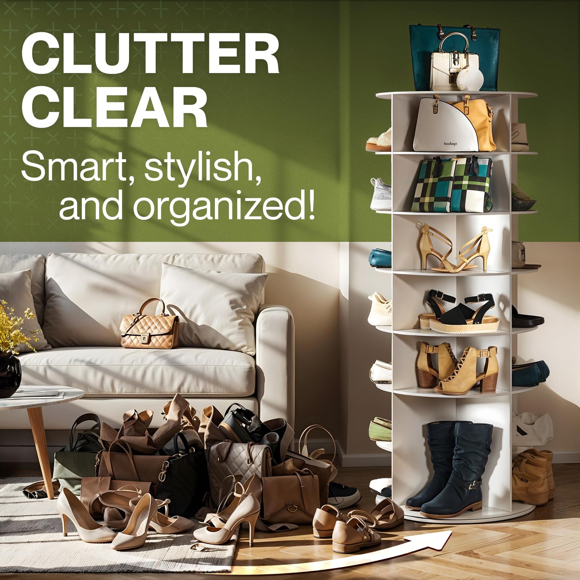 LOFT + IVY 7 Tier Rotating Shoe Rack Tower – 360° Spinning Storage Organizer, Modern Round Shoe