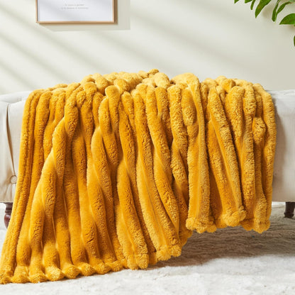 NEWCOSPLAY Super Soft Throw Blanket Mustard Yellow Premium Silky Flannel Fleece 3D Ribbed Jacquard