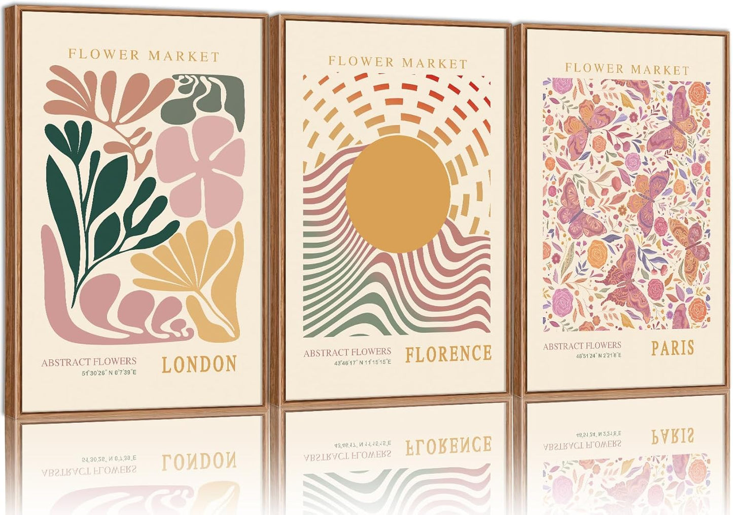 Tinonedraw Boho Flower Market Framed Canvas Wall Art Set, Pink Beige Cute Butterfly Wall Decor