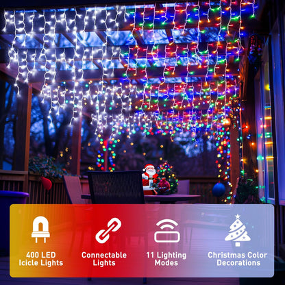 JMEXSUSS Color Changing Lights Outdoor Waterproof, 11 Modes 400 LED Christmas Icicle Lights with 40