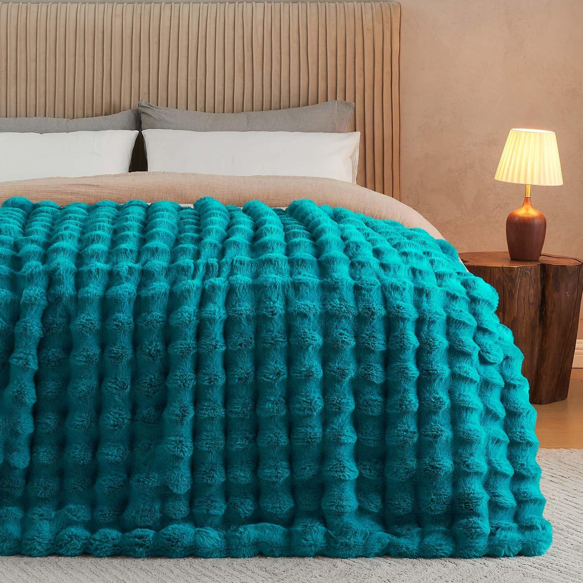 Lotus Karen Faux Fur Teal Throw Blanket - Big Bubble Rabbit Fluff Blanket for Couch Bed