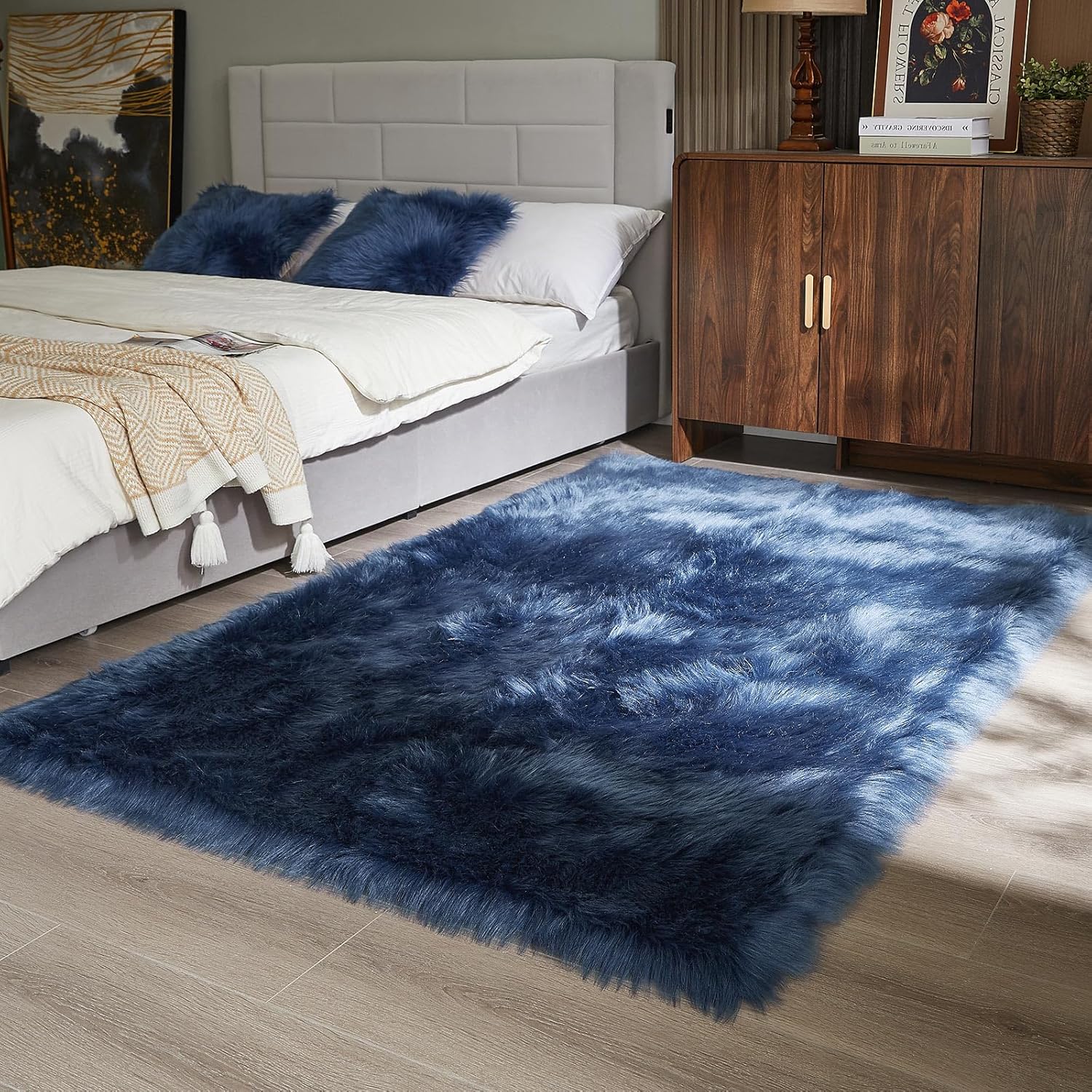 AMTOVO Faux Fur Sheepskin Rug for Living Room, 4 x 6 ft Dark Blue Fluffy Area Rug for Bedroom