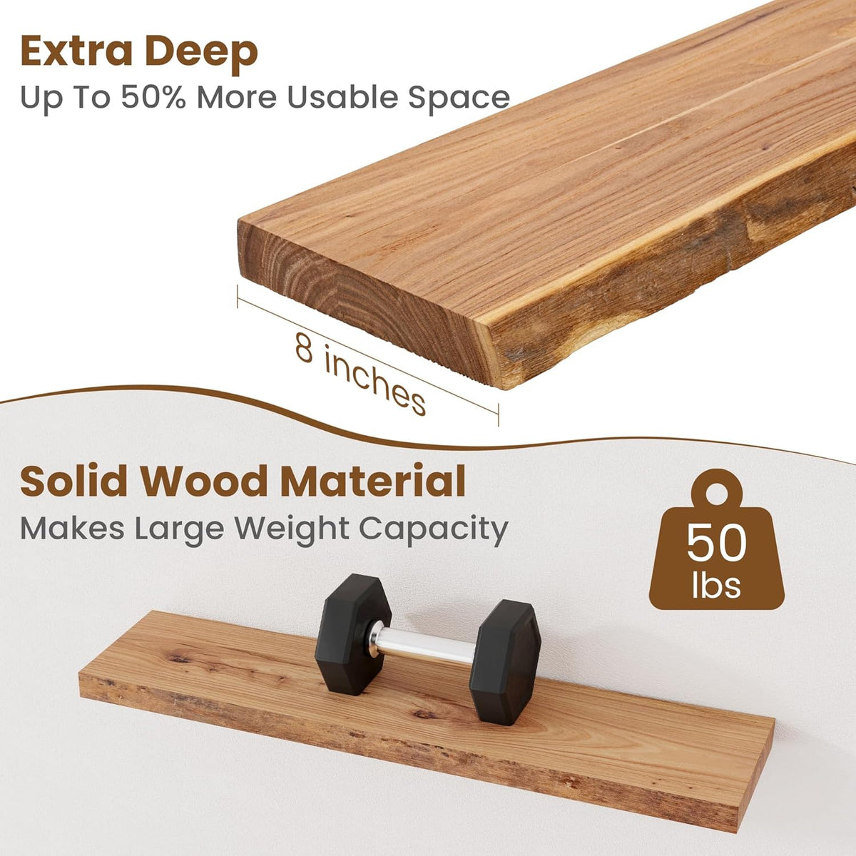 Floating Shelves for Wall Decor, Rustic Solid Elm Wood Live Edge Floating Shelves Wall Mounted