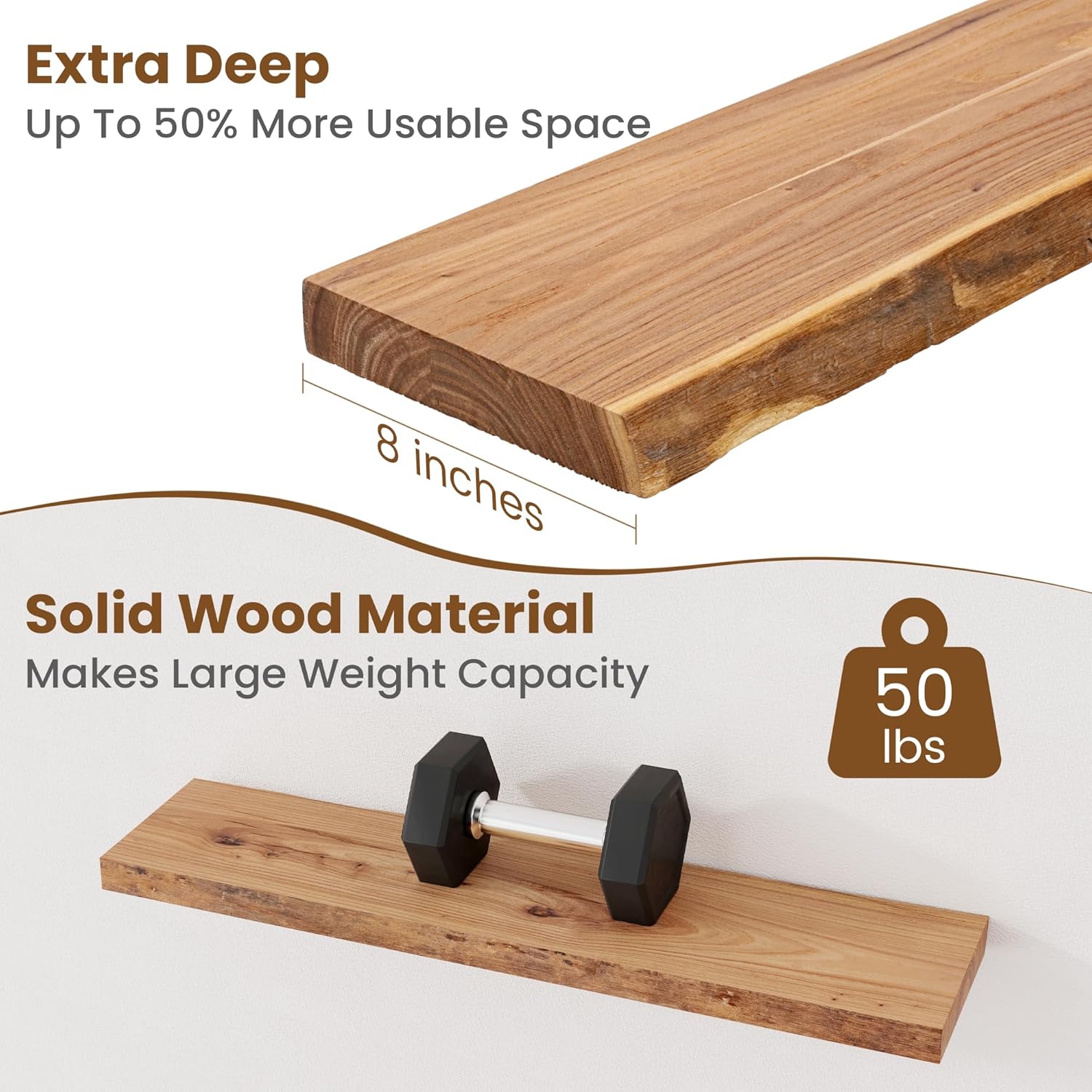 Floating Shelves for Wall Decor, Rustic Solid Elm Wood Live Edge Floating Shelves Wall Mounted